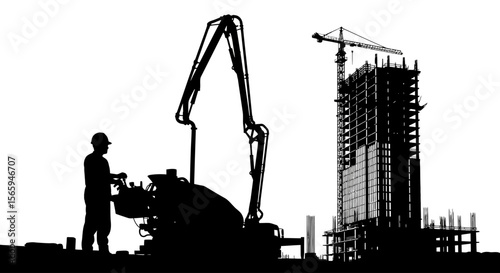 Silhouette of a construction worker operating machinery at a building site with a skyscraper under construction.