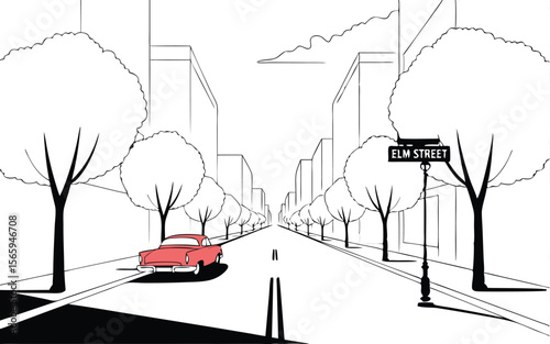 Red Classic Car on Elm Street Surrounded by Trees and City Buildings Line Art