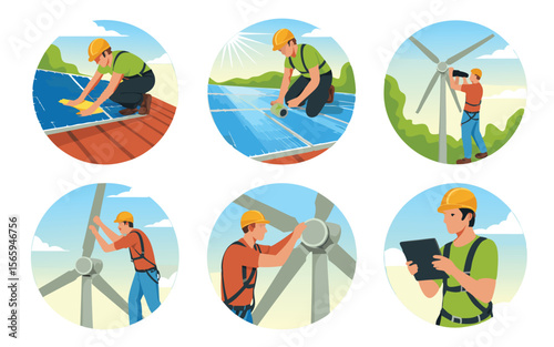 Renewable Energy Workers Installing and Inspecting Solar Panels and Wind Turbines, Illustration Set