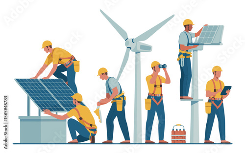 Renewable Energy Workers Installing Solar Panels and Wind Turbine, Sustainable Energy Technicians Group
