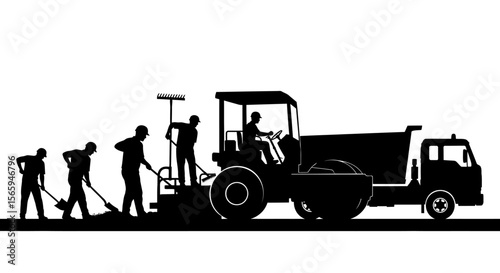 Construction workers paving a road, using machinery and manual labor.
