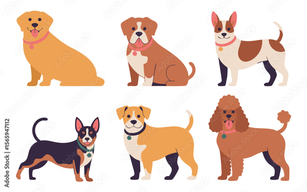 Fototapeta premium Six Different Breeds of Cartoon Dogs in Various Poses Wearing Collars and Tags