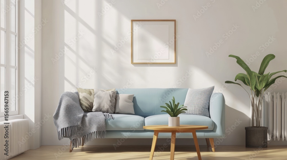 Sunlit living room with blue couch Sunlit living room with blue couch