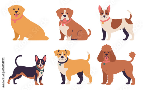 Six Different Breeds of Cartoon Dogs in Various Poses Wearing Collars and Tags