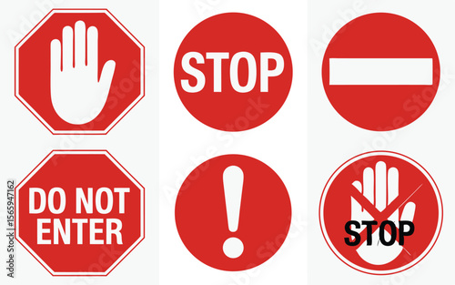 Six Red and White Prohibition and Warning Signs Depicting Hands, Words, and Symbols