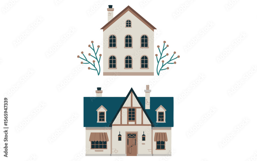 Fototapeta premium Two Illustrated Houses, One with Arched Windows and One with Blue Roof