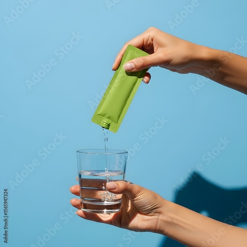 Green packet being poured into glass of water against blue background, Creating a refreshing hydration moment with a convenient green packet drink