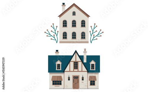 Two Illustrated Houses, One with Arched Windows and One with Blue Roof
