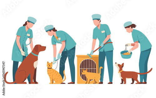 Veterinarians Examining Pets Dog Getting Checkup, Cat Flea Treatment, Cage Cleaning, Dog Treats Illustration