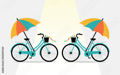 Two Teal Bicycles with Umbrellas and Flower Baskets on a Beige Background