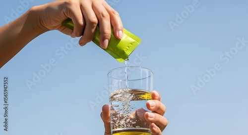 Person pouring electrolyte powder from a green packet into a glass of water, Hydration with Electrolytes in Glass Against a Blue Sky