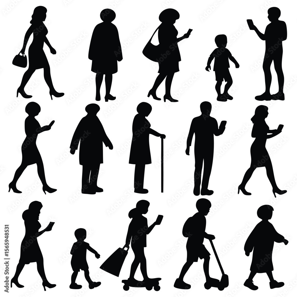 Obraz premium Various people silhouettes depicting a range of ages and activities like walking, using devices, and skateboarding in vector format.