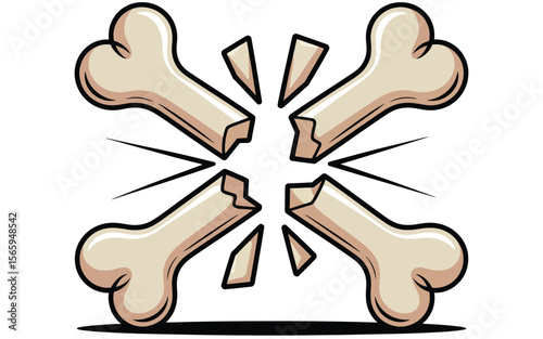 Cartoon bones breaking apart with sharp fragments and radiating lines broken fracture