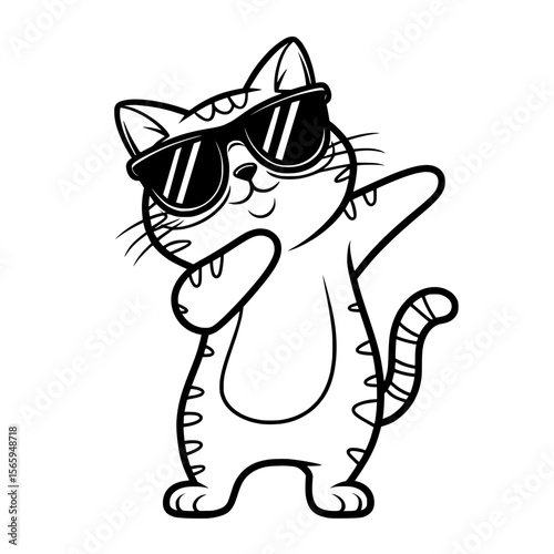 Cool cartoon cat dabbing with sunglasses, Black and white illustration of a cute cat wearing sunglasses and striking a dab pose, perfect for fun and trendy designs.

