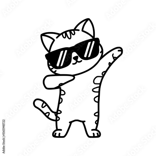 Cool cartoon cat dabbing with sunglasses, Black and white illustration of a cute cat wearing sunglasses and striking a dab pose, perfect for fun and trendy designs.


