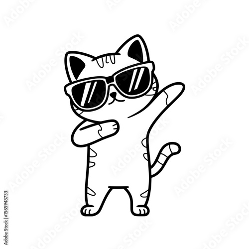 Cool cartoon cat dabbing with sunglasses, Black and white illustration of a cute cat wearing sunglasses and striking a dab pose, perfect for fun and trendy designs.

