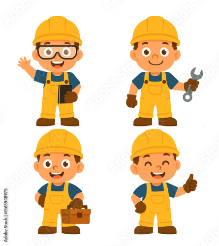 Cute Construction Worker Kid Character Set – Vector Illustration in Different Poses