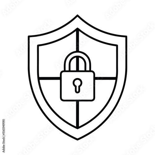a minimalist clean vector illustration of a shield secure password protection icon silhouette line art on white background