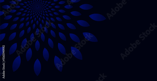 Intricate dark blue petal pattern radiates from the upper left corner, creating a mesmerizing circular effect on a deep navy backdrop, offering a striking visual impact and modern aesthetic