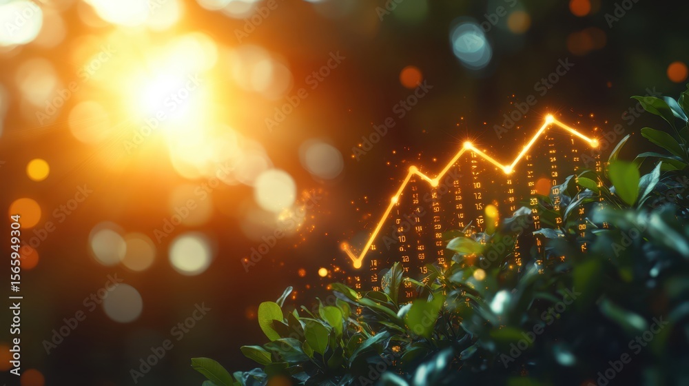 Fototapeta premium Financial growth graph depicted amidst lush foliage and golden sunlight