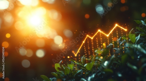 Financial growth graph depicted amidst lush foliage and golden sunlight