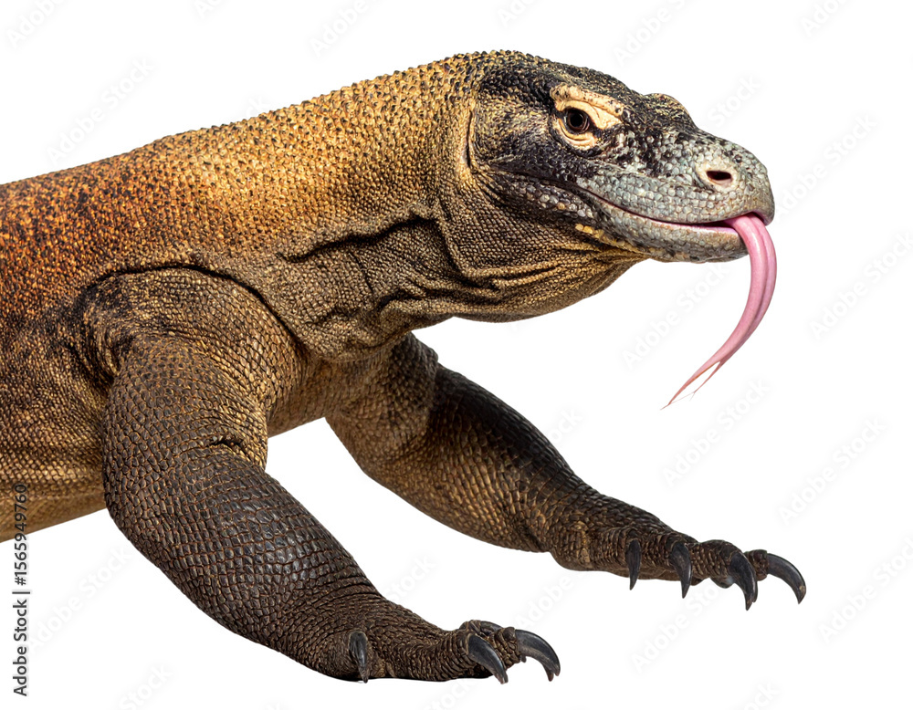 Obraz premium Side-Angle View of Komodo Dragon with Forked Tongue Extended, Transparent Background