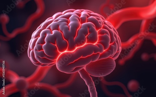 The concept of high blood pressure. Illuminated brain with red veins on a dark background.