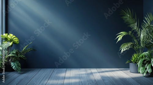 Blue wall with sunlight shining, surrounded by leafy potted green plants on wood floor