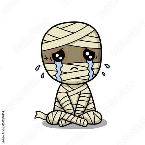 Black-and-white line art of a cartoon mummy sitting cross-legged, wrapped in bandages with large teary eyes and a sad expression—blending spooky charm with emotional appeal.