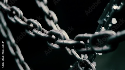 A close-up of intertwined metal chains with a dark, industrial feel.
