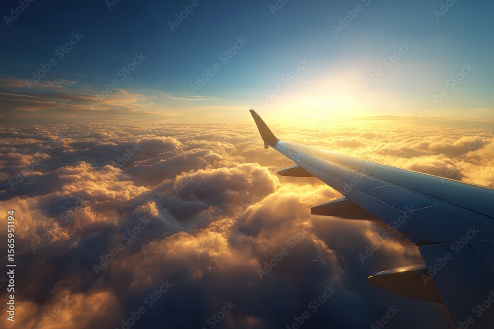 Obraz premium Stunning Sunset Aerial View from Airplane Window Over Clouds – Scenic Travel and Aviation Photography Perfect for Travel Blogs and Marketing