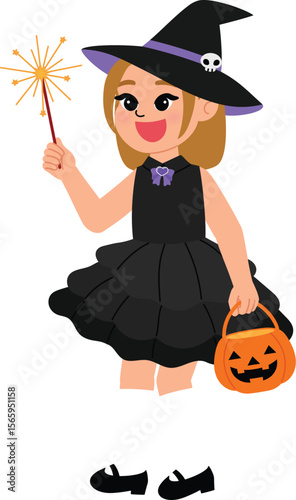 smile girl cartoon celebrate halloween festival and wear witch costume and witch hat, cute kid cosplay playing trick or treat, hold pumpkin bucket illustration