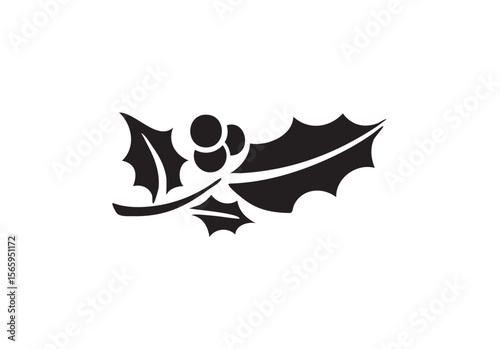 Simple black and white silhouette of holly leaves and berries.