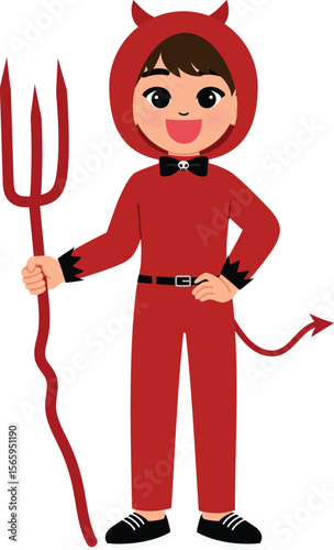 smile boy cartoon celebrate halloween festival and wear red devil costume cosplay, cute kid playing trick or treat and holding pitchfork illustration