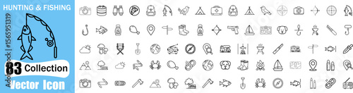 Hunting and fishing web icons are set in a thin line design. Pack of knife, mountain, trekking, binoculars, camping, pull fish, mushroom, forest, map, other outline stroke pictograms. Vector.