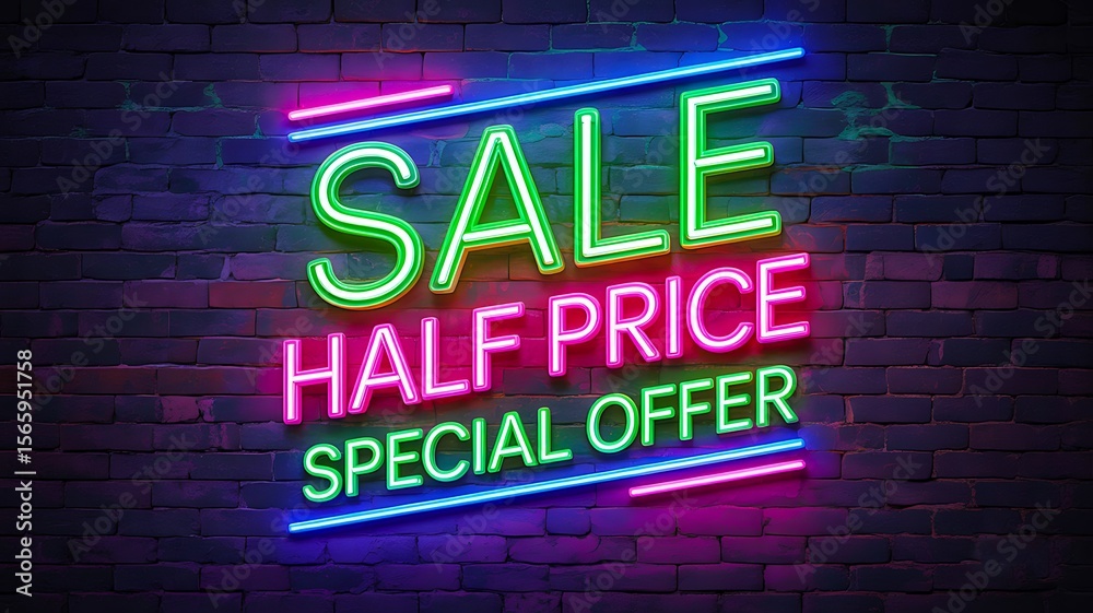 Fototapeta premium Neon sale half price special offer sign on dark brick wall