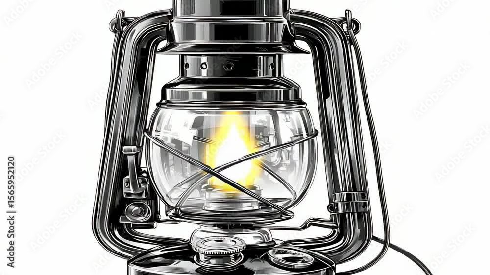 Vintage oil lamp with glowing flame