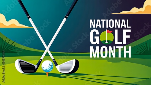 National golf month celebration with golf clubs and ball on green field

