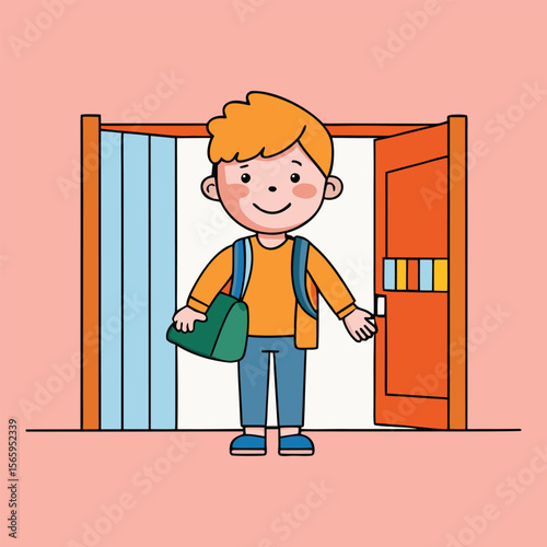 Happy school boy cartoon character standing at classroom door