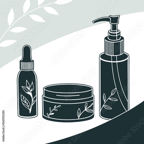 Stylized illustration of three dark teal skincare bottles and jars with delicate white leaf designs on a light background