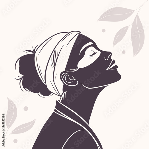 Elegant woman with a face mask and headband enjoys a moment of serene relaxation and self care