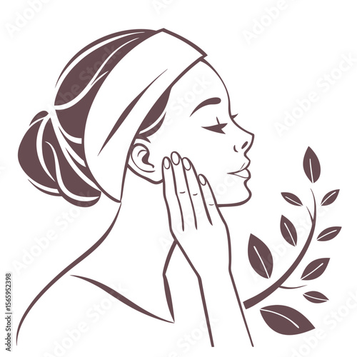 Elegant woman s profile applying skincare product to her cheek with a gentle touch and a botanical element symbolizing natural beauty