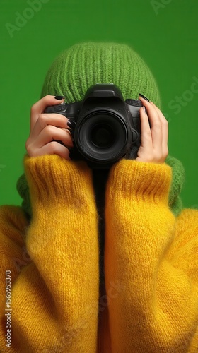 Person holding camera bright colors