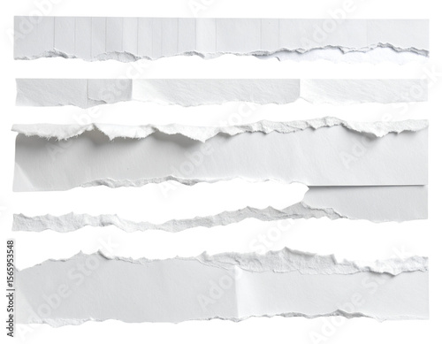 Set of Jagged Torn Paper Edge Pieces with White Texture, Isolated PNG