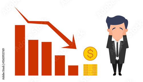 Vector illustration of a stressed businessman reacting to a downward financial chart, symbolizing economic loss, business failure, or financial anxiety.