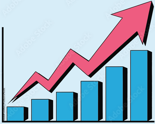 Ascending blue bars with zigzagging pink arrow graph chart