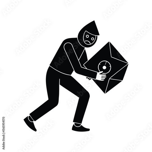 Thief stealing a safe depicted in a minimalist black and white drawing
