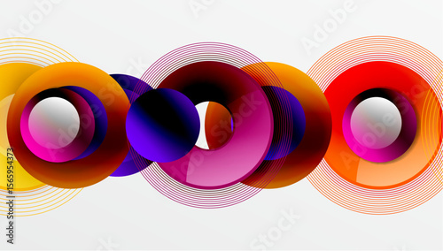 Abstract colorful circles overlap creating vibrant visual effect. Gradient shades blend smoothly, forming dynamic composition.