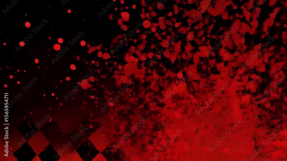A dramatic abstract background features a red splatter effect on a black backdrop