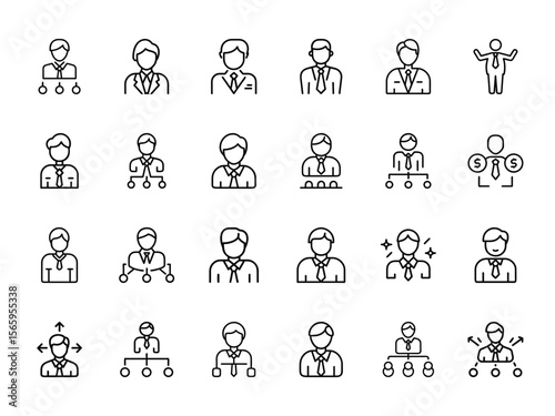 "Business Management Icons Set – Leadership, Corporate Hierarchy, Team Structure, CEO and Employee Line Art Vector Illustrations for Project Planning, Organization Chart, and Business Strategy Design"